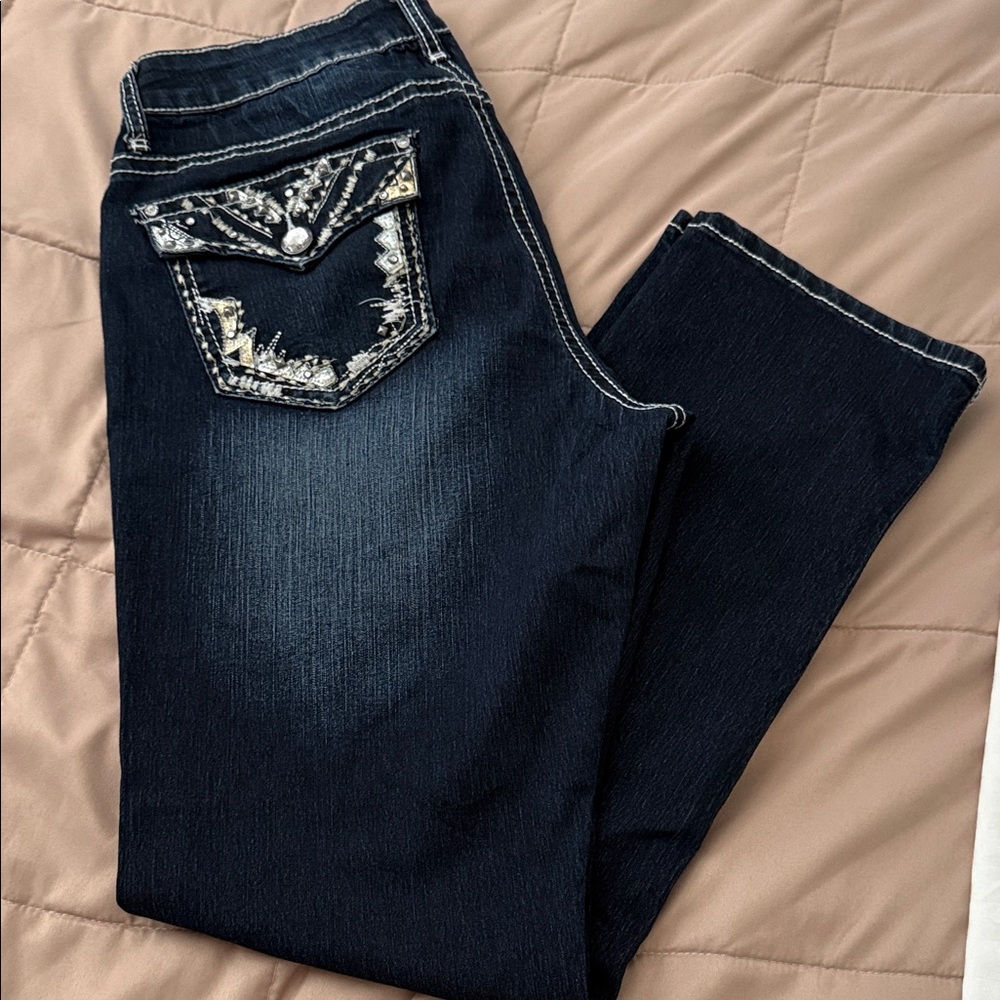 New Directions Dark Blue Skinny Jeans with Embellished Pocket